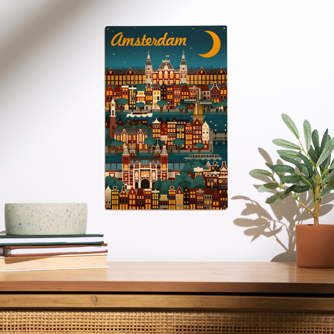 Amsterdam, Retro Skyline, Wood Sign and Postcards