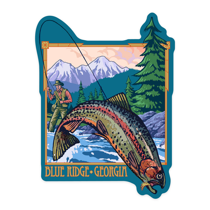 Blue Ridge, Georgia, Angler Fly Fishing Scene, Contour, Lantern Press Artwork, Vinyl Sticker