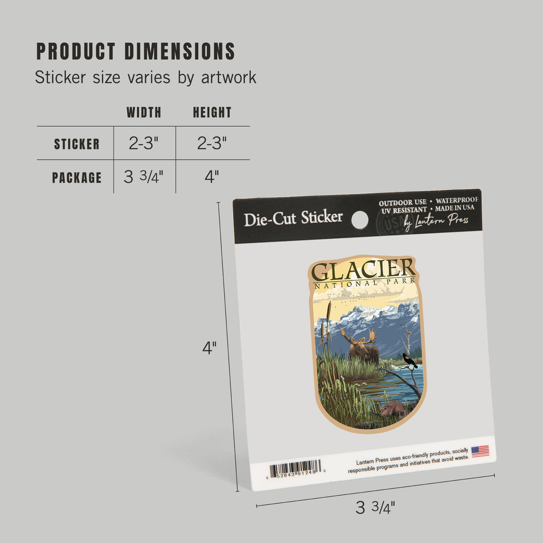 Glacier National Park, Montana, Mountain & Marsh Scene, Contour, Lantern Press Artwork, Vinyl Sticker