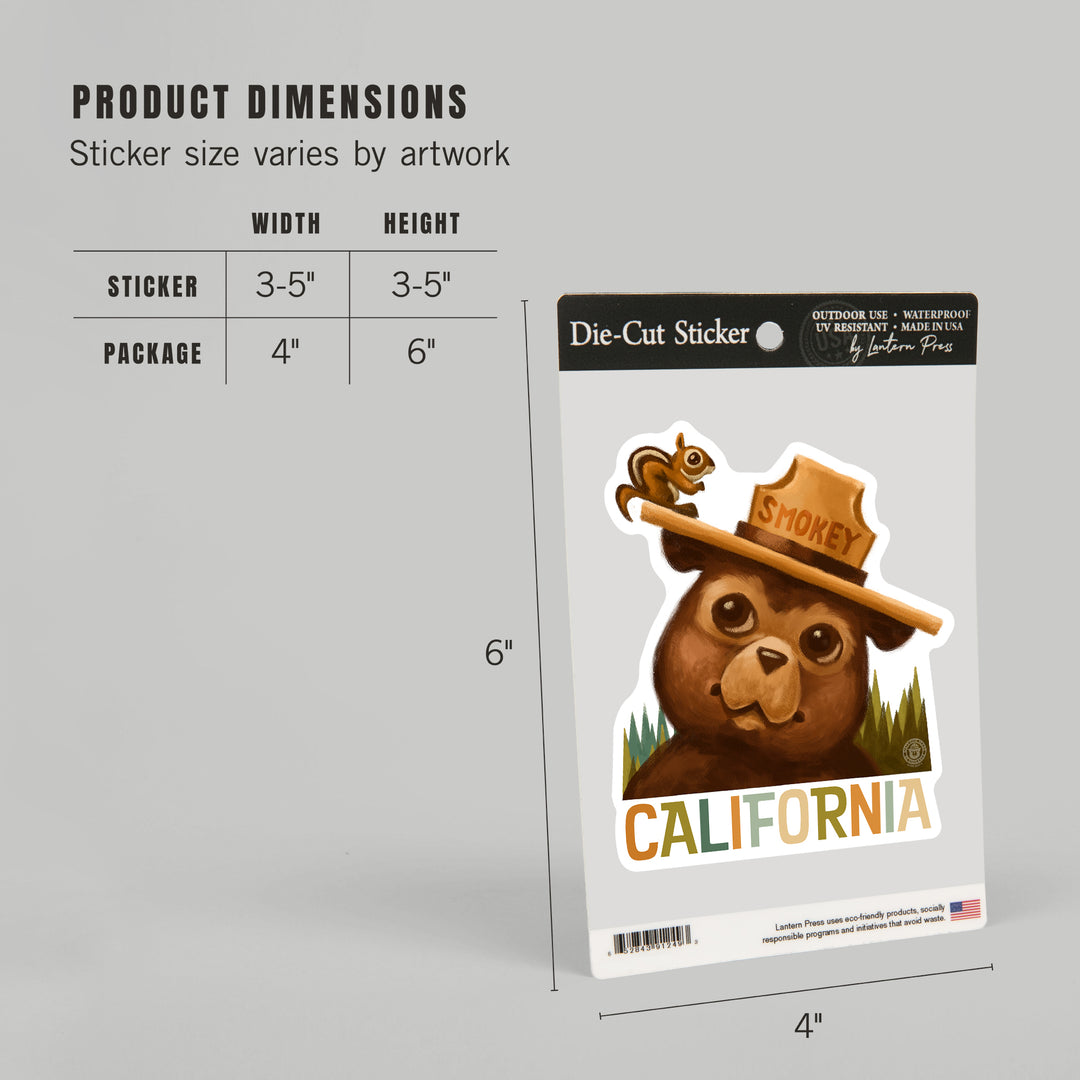 California, Smokey Bear & Squirrel, Contour, Lantern Press Artwork, Vinyl Sticker