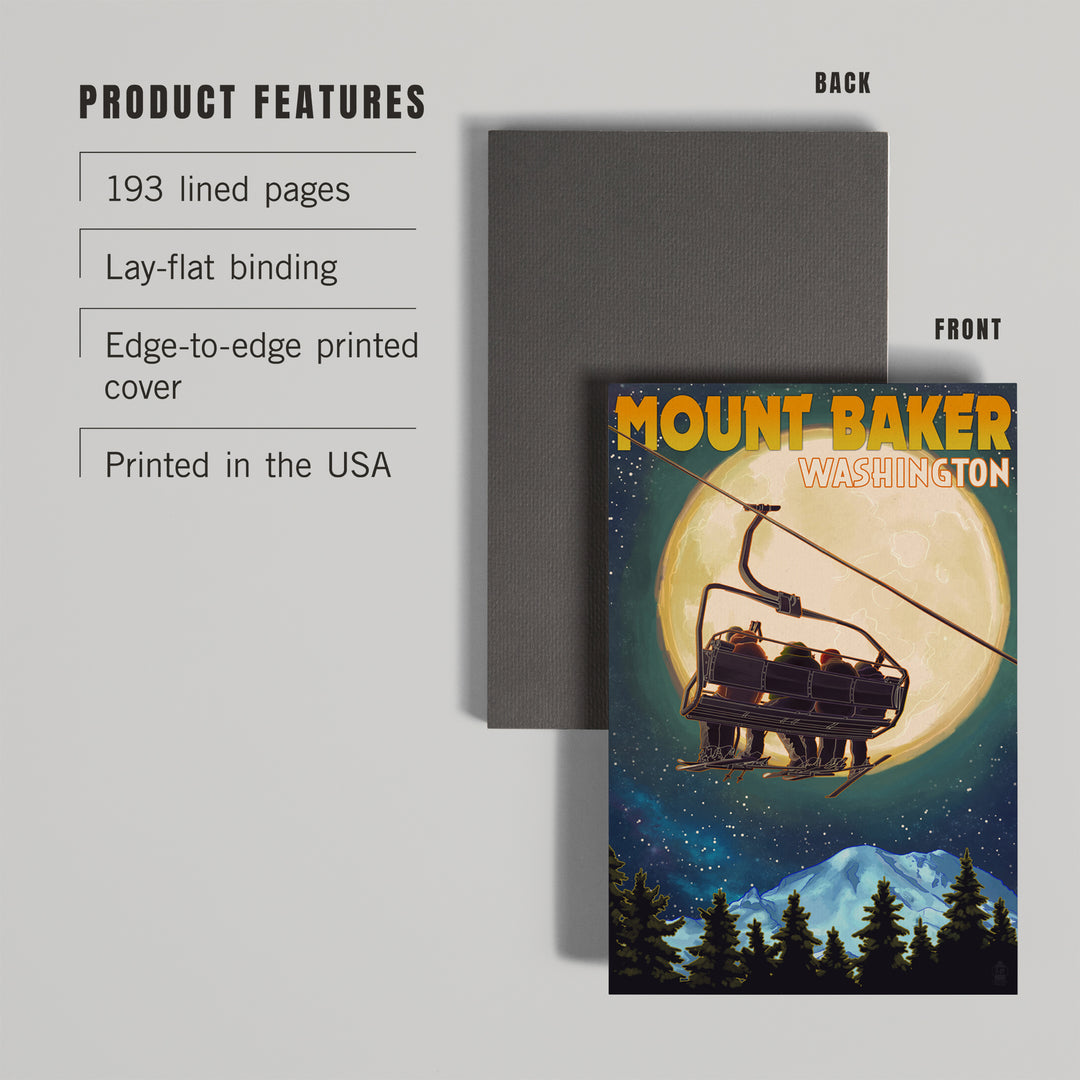 Lined 6x9 Journal, Mt. Baker, Washington, Ski Lift and Full Moon, Letterpress, Lay Flat, 193 Pages, FSC paper