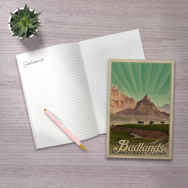 Lined 6x9 Journal, Badlands National Park, South Dakota, Bison in the Park, Lithograph National Park Series, Lay Flat, 193 Pages, FSC paper