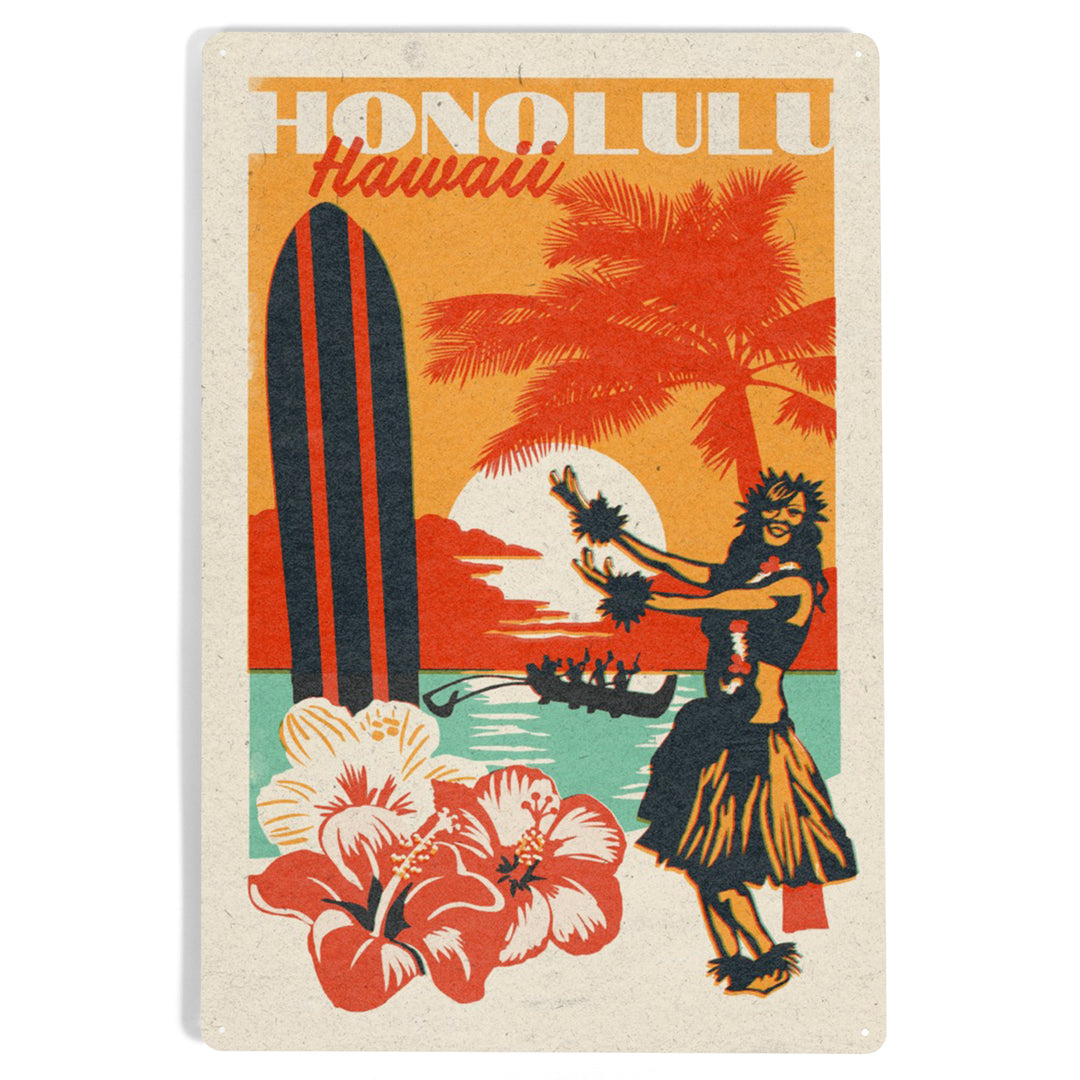 Honolulu, Hawaii, Woodblock City Series, Hula Dancer, 12x18 Metal Sign