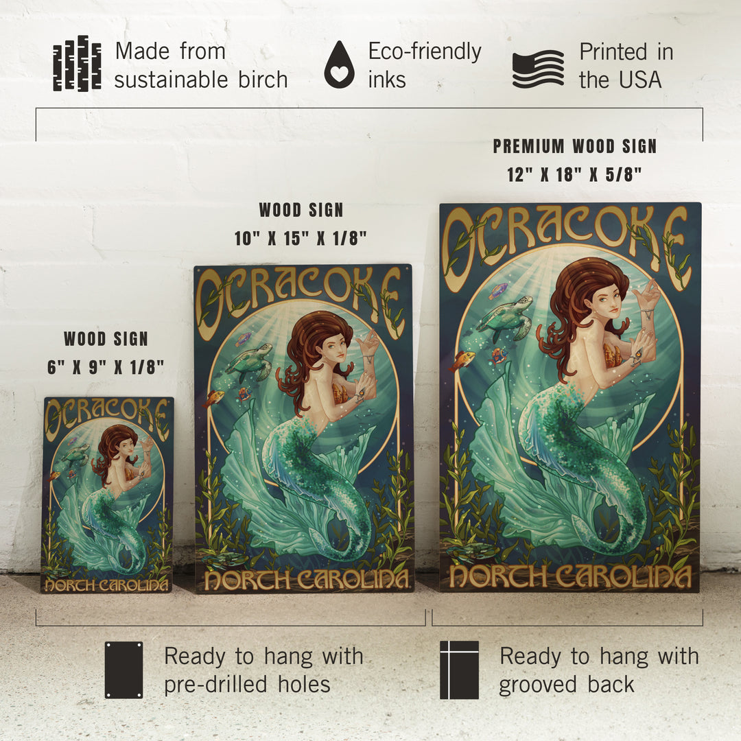 Ocracoke, North Carolina, Mermaid, Lantern Press Poster, Wood Signs and Postcards