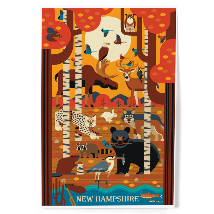 New Hampshire, Woodland Forest Animals, Fall, Geometric, Art & Giclee Prints