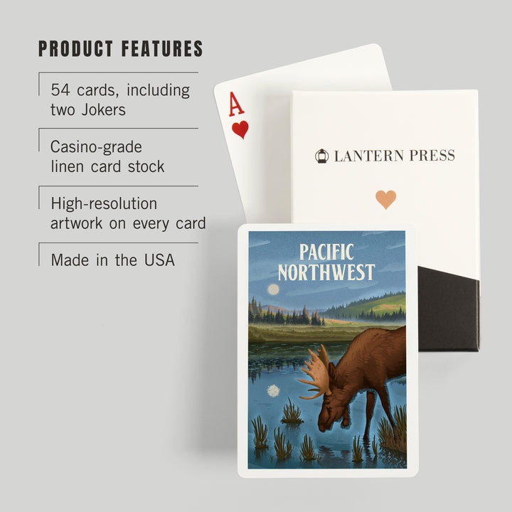 Playing Cards, Pacific Northwest, Lithograph, Reflection Pond and Bull Moose, 52 Card Deck with Jokers in Box, Unique Art