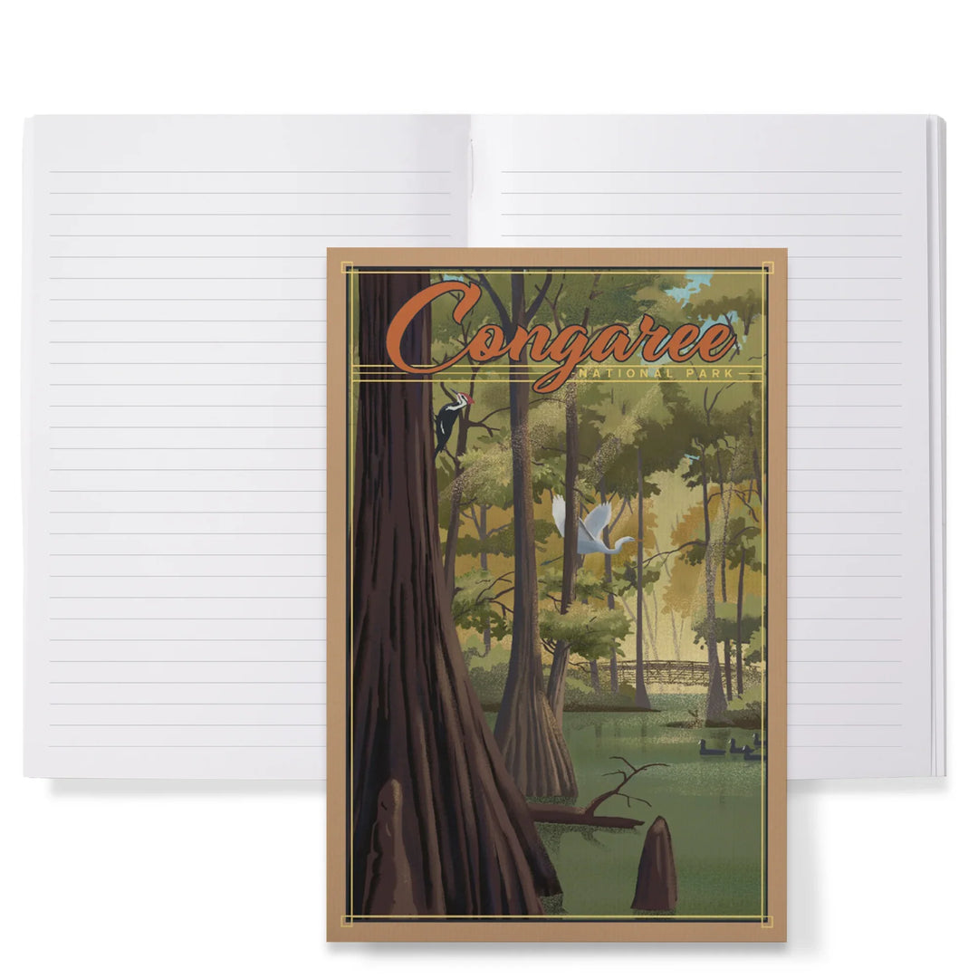 Lined 6x9 Journal, Congaree National Park, South Carolina, Lithograph National Park Series, Lay Flat, 193 Pages, FSC paper
