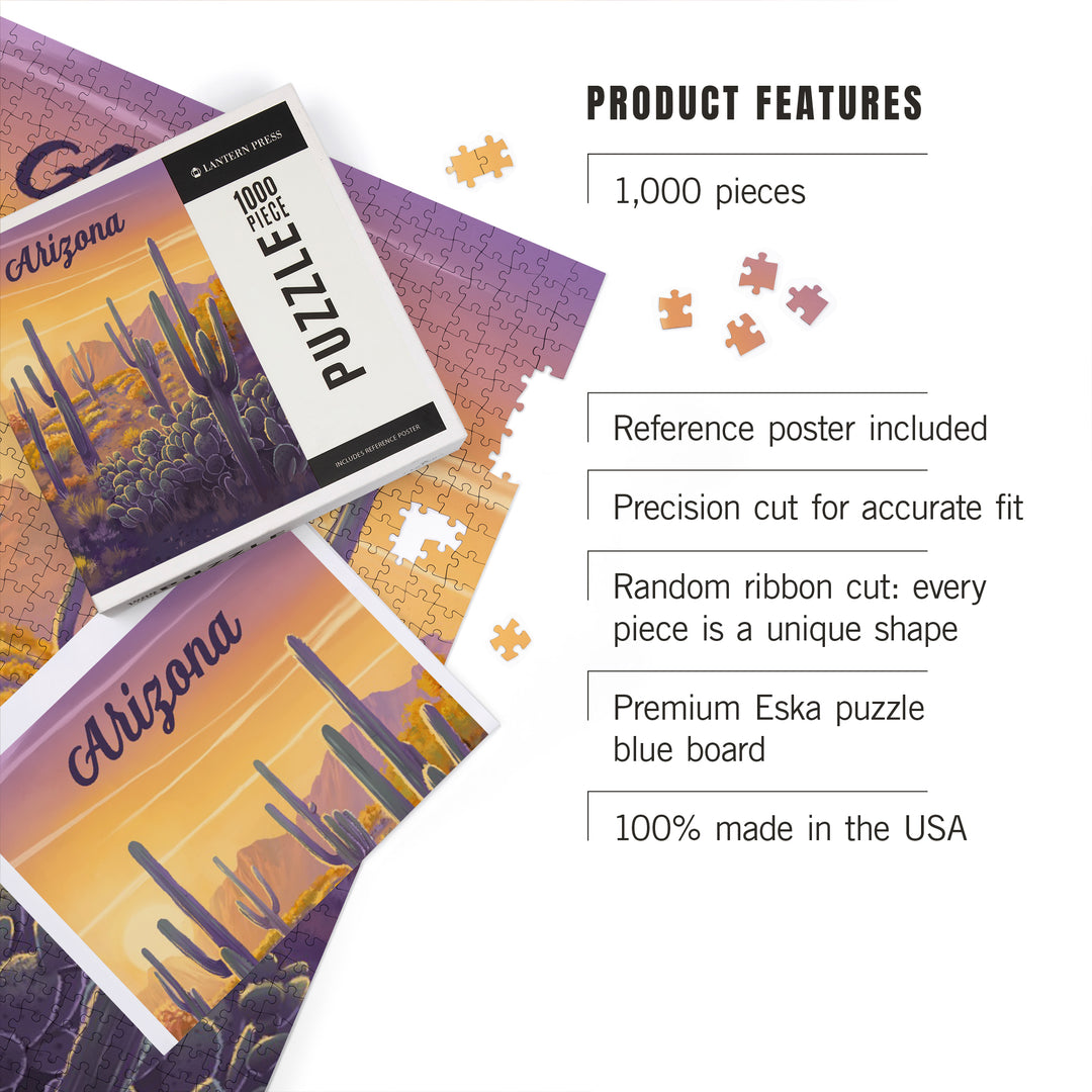 Arizona, Oil Painting, Cactus and Golden Sunset, 1000 Piece Jigsaw Puzzle