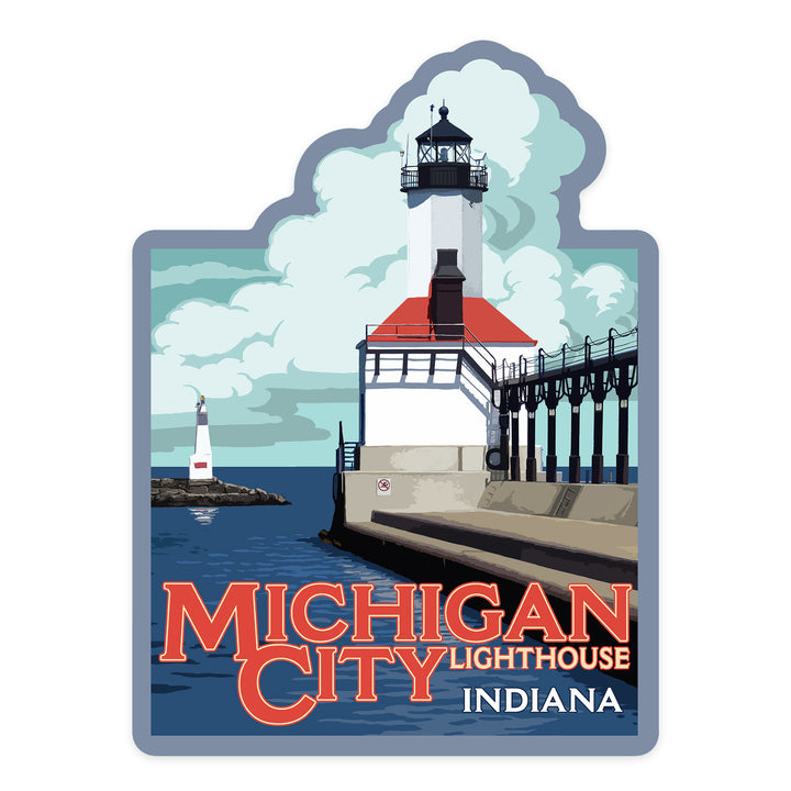 Indiana, Michigan City Lighthouse, Contour, Lantern Press Artwork, Vinyl Sticker