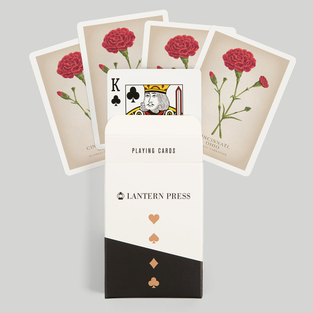 Playing Cards, Cincinnati, Ohio, Vintage Flora, State Series, Scarlet Carnation, 52 Card Deck with Jokers in Box, Unique Art