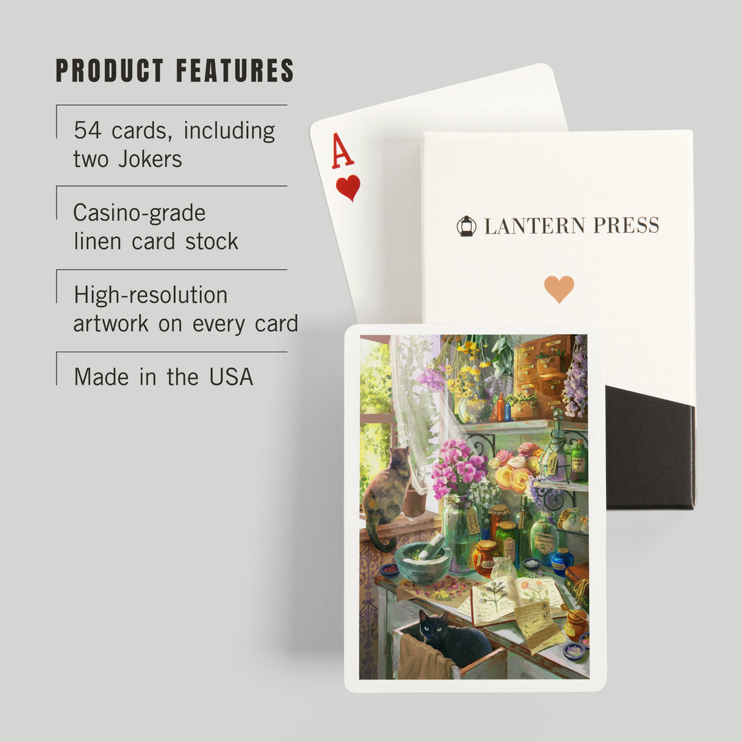 Playing Cards, Garden Apothecary, With Cat, Oil Painting, 52 Card Deck with Jokers in Box, Unique Art