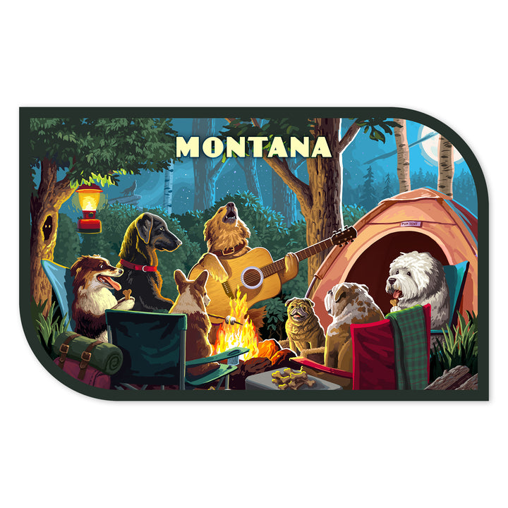 Montana, Painterly, Pack Life, Dogs Around Campfire, Vinyl Sticker