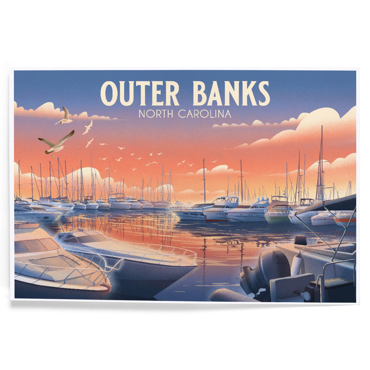 Outer Banks, North Carolina, Lithograph, Home Sweet Harbor, Boats in Marina, Art & Giclee Prints
