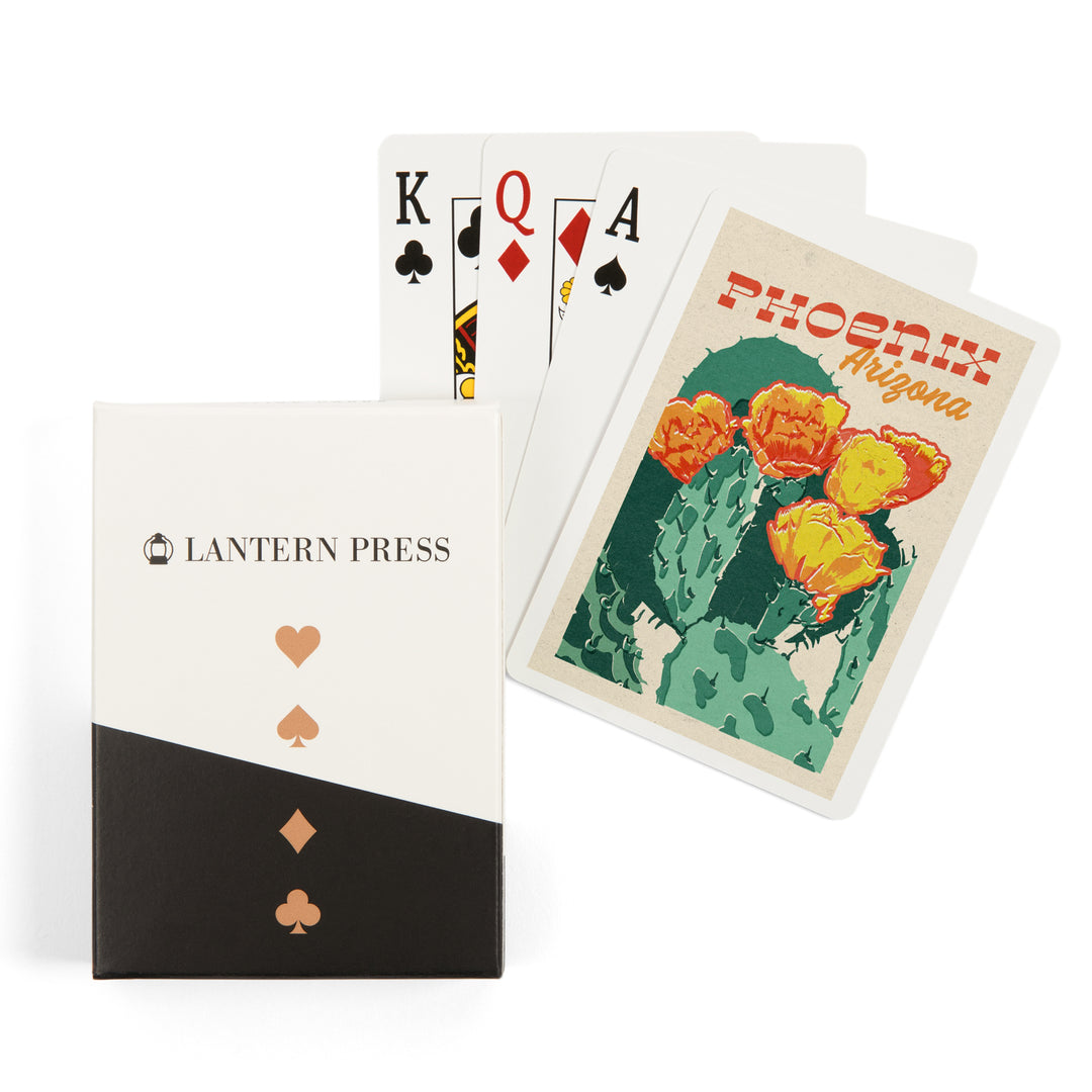 Playing Cards, Phoenix, Arizona, Woodblock City Series, Cactus Blooms, 52 Card Deck with Jokers in Box, Unique Art