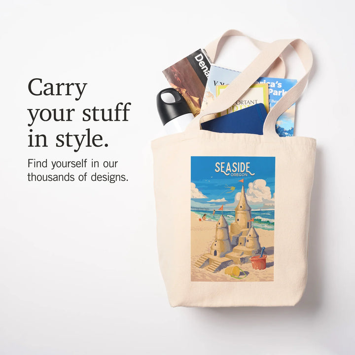 Seaside, Oregon, Painterly, Soak Up Summer, Sand Castle, Tote Bag