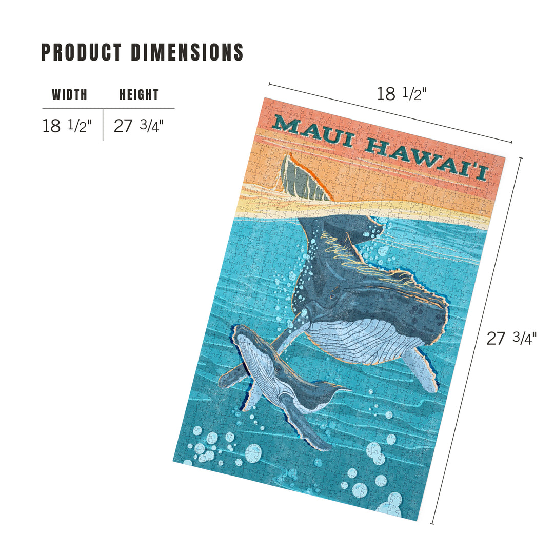 Maui, Hawaii, Vintage Press, Humpback Whale, 1000 Piece Jigsaw Puzzle