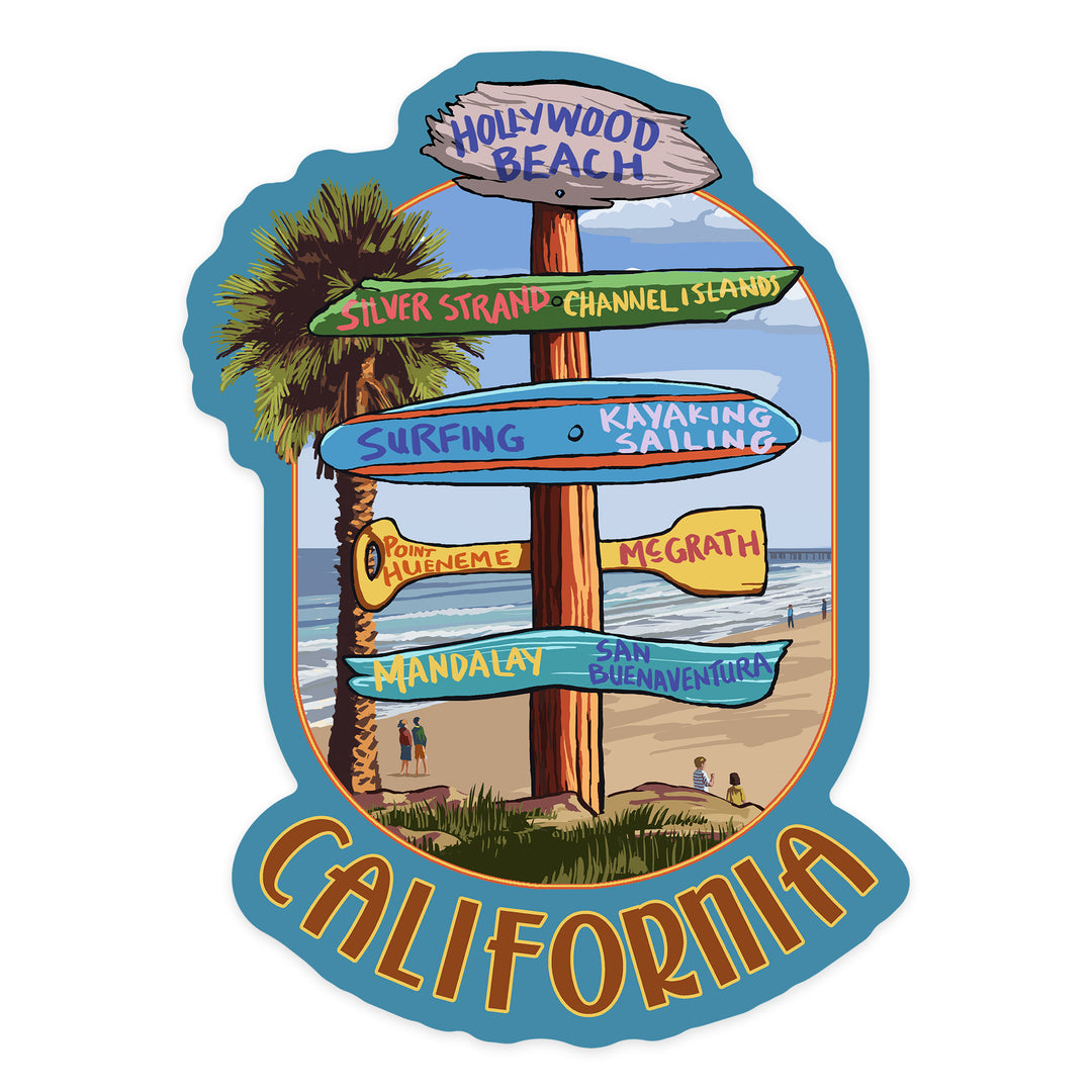 Hollywood Beach, California, Destination Sign, Contour, Lantern Press Artwork, Vinyl Sticker