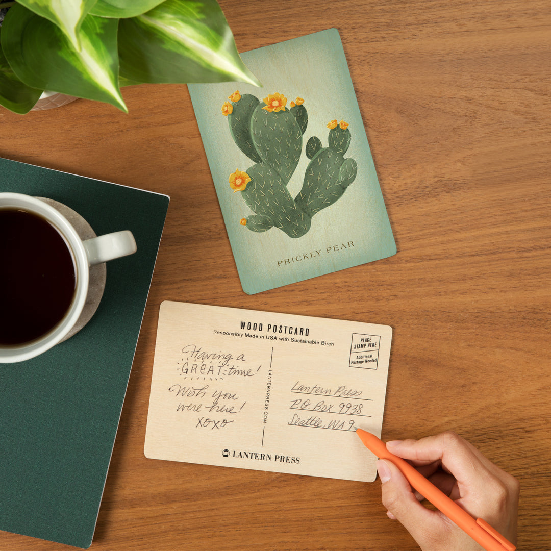 Prickly Pear with Yellow Flowers, Vintage Flora, Wood Sign and Postcards