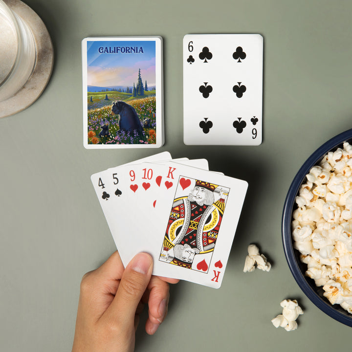 Playing Cards, California, Lithograph, Bear Family in Field, 52 Card Deck with Jokers in Box, Unique Art