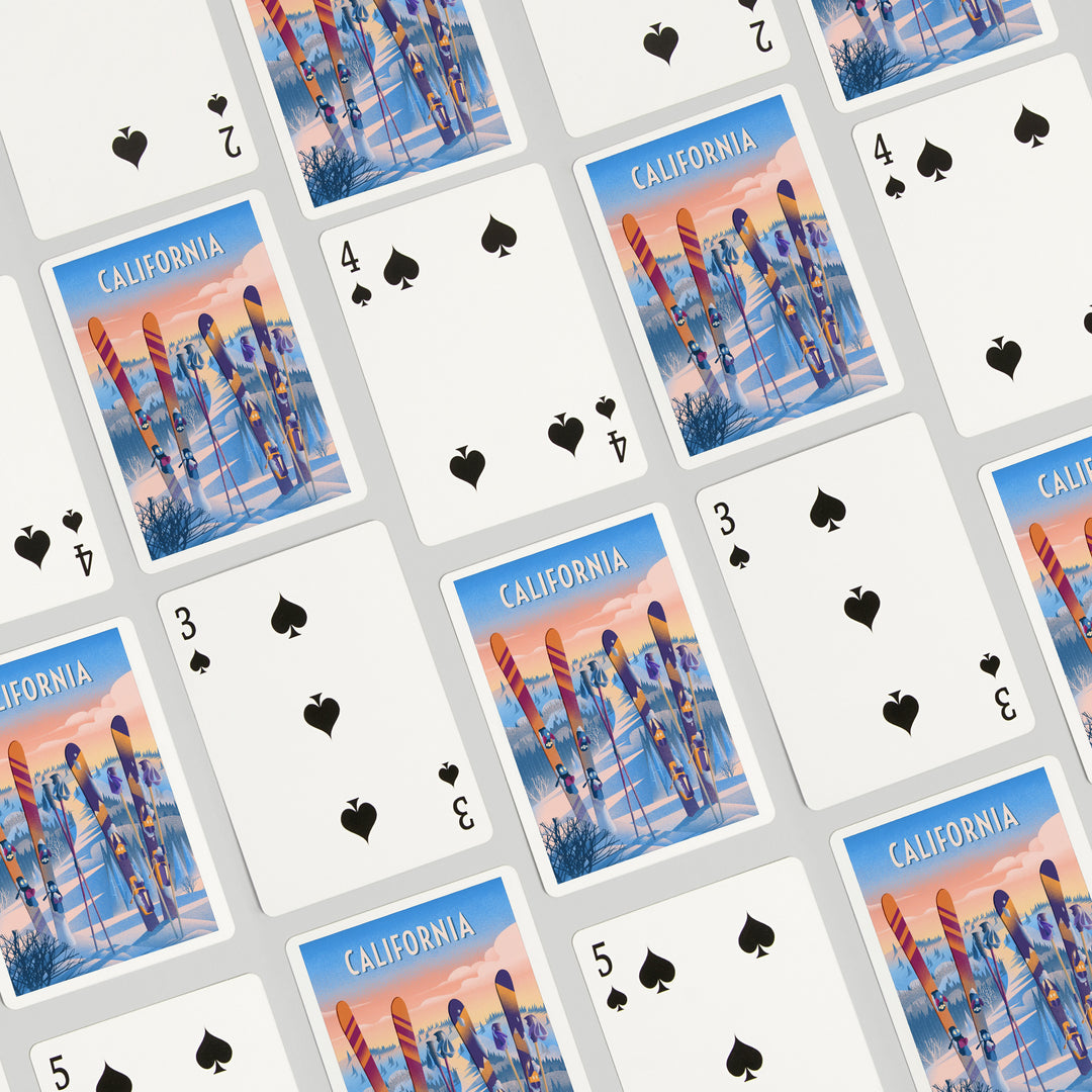 Playing Cards, California, Prepare for Takeoff, Skis In Snowbank, 52 Card Deck with Jokers in Box, Unique Art