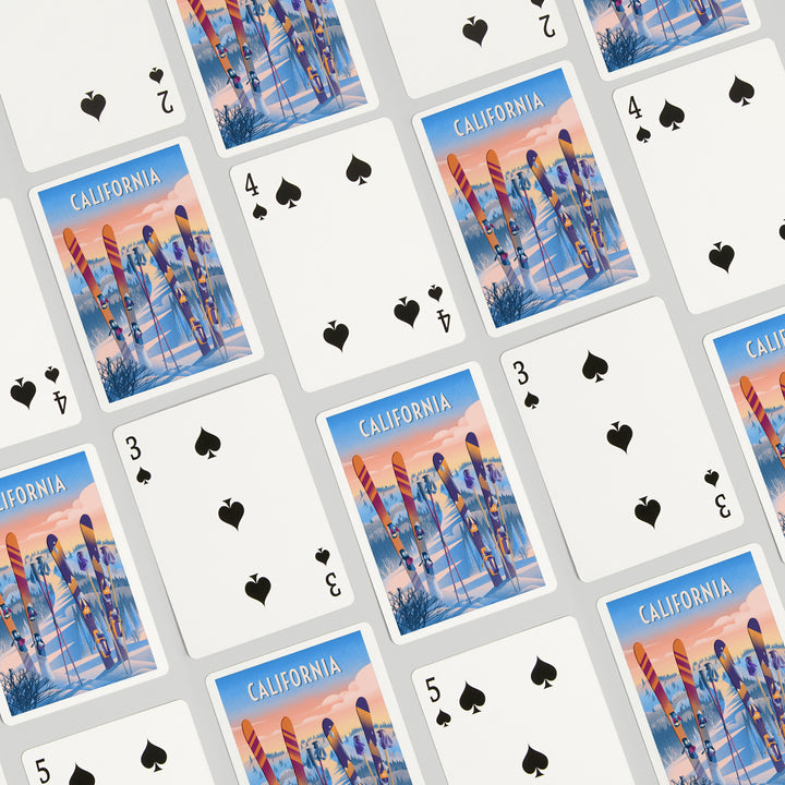 Playing Cards, California, Prepare for Takeoff, Skis In Snowbank, 52 Card Deck with Jokers in Box, Unique Art