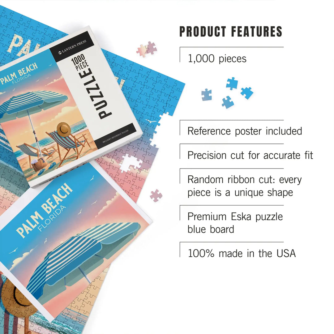 Palm Beach, Florida, Lithograph, Beach Chair and Umbrella, Jigsaw Puzzle