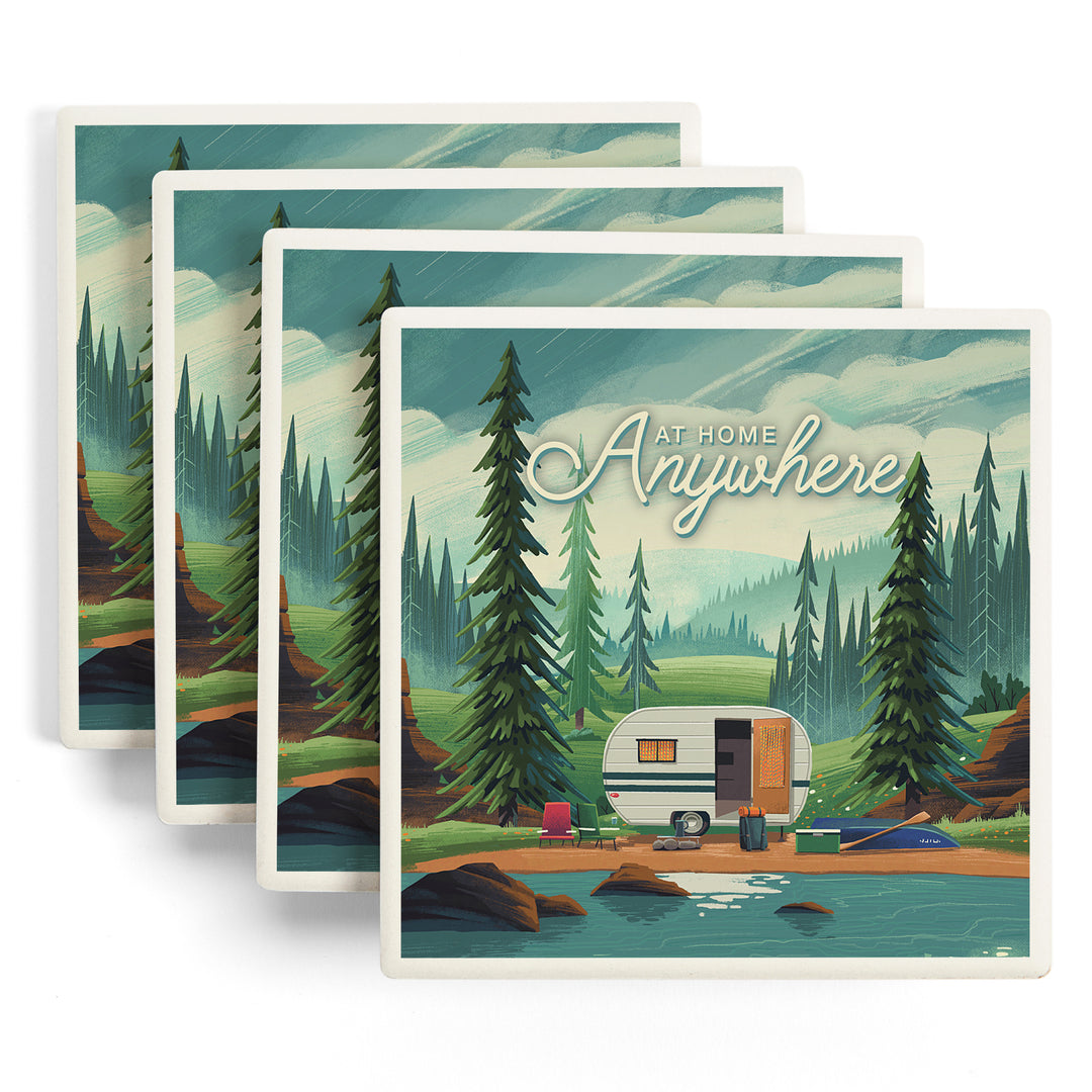 Outdoor Activity, At Home Anywhere, Camper in Evergreens, Coaster Set