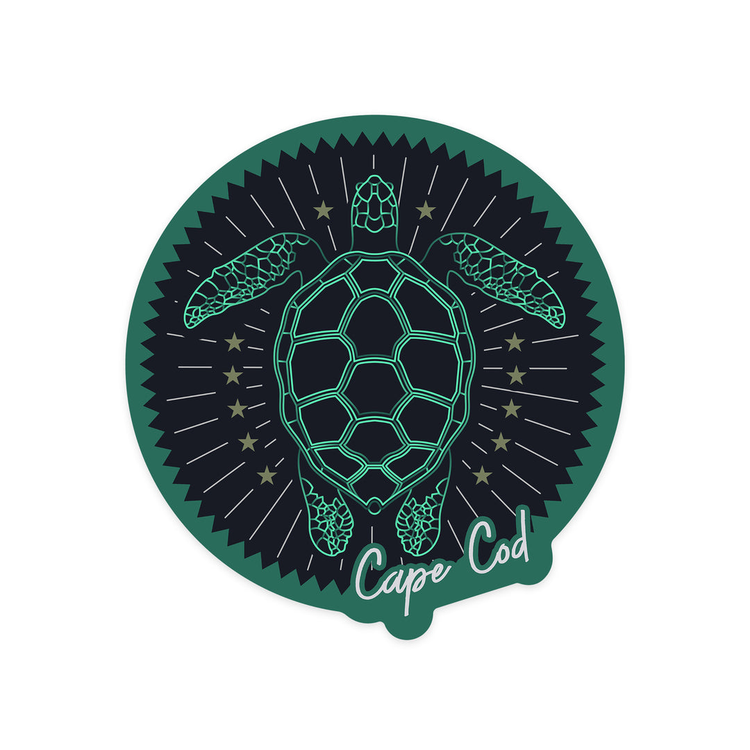 Cape Cod, Massachusetts, Neon Turtle, Navy Background, Contour, Lantern Press Artwork, Vinyl Sticker