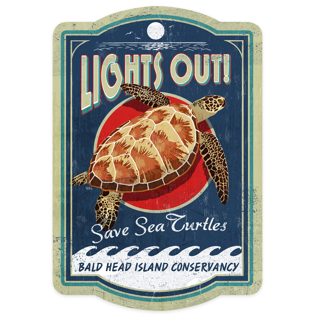 Bald Head Island, North Carolina, Lights Out, Sea Turtle Vintage Sign, Contour, Lantern Press Artwork, Vinyl Sticker