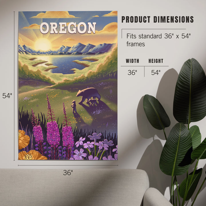Oregon, Bear and Spring Flowers, Lithograph, Art & Giclee Prints