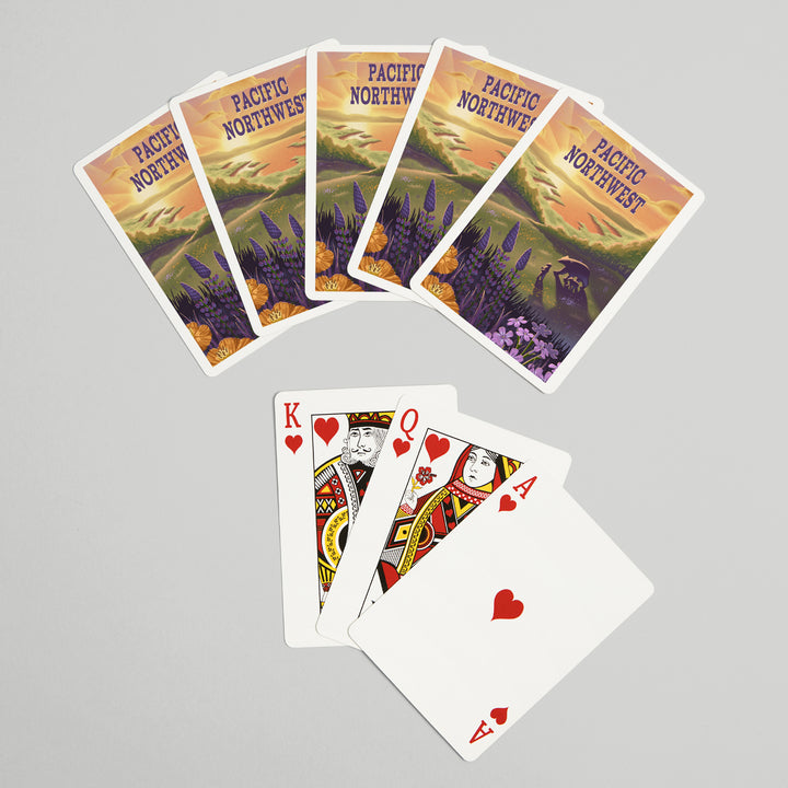 Playing Cards, Pacific Northwest, Lithograph, Bear and Spring Flowers, Lake, 52 Card Deck with Jokers in Box, Unique Art