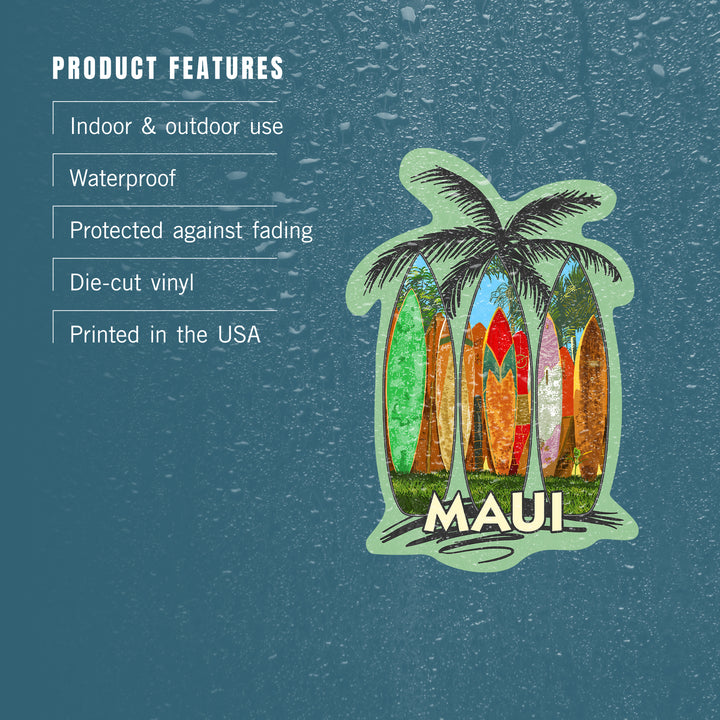 Maui, Surfboard Fence, Contour, Lantern Press Artwork, Vinyl Sticker