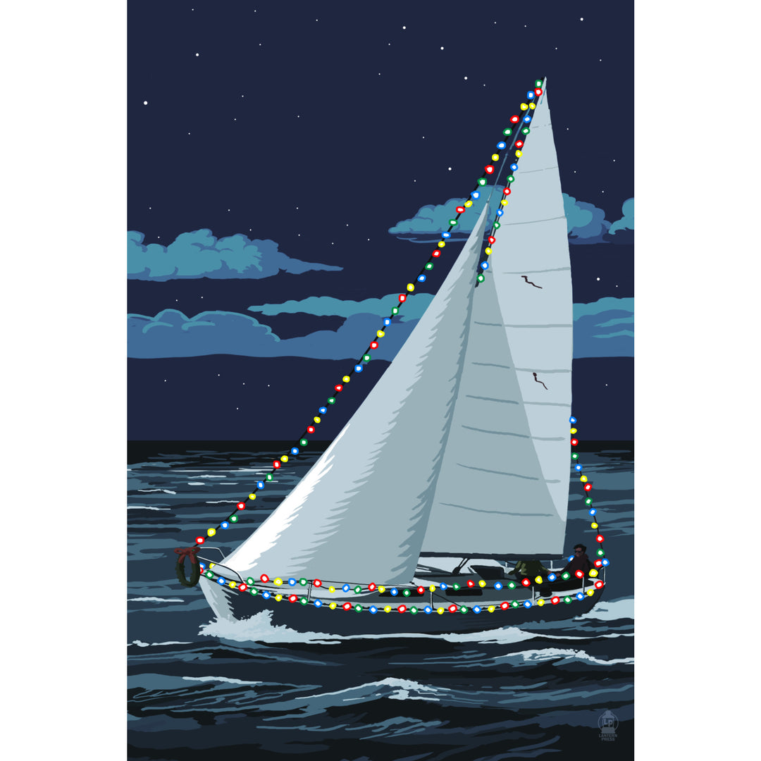 Christmas Lights Sailboat, Lantern Press Artwork, Stretched Canvas