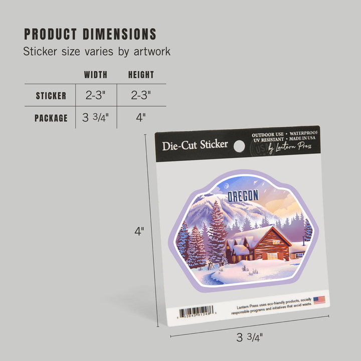Oregon, Lithograph, Mountain Lodge, Winter Scene, Vinyl Sticker