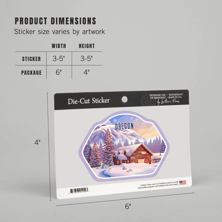 Oregon, Lithograph, Mountain Lodge, Winter Scene, Vinyl Sticker
