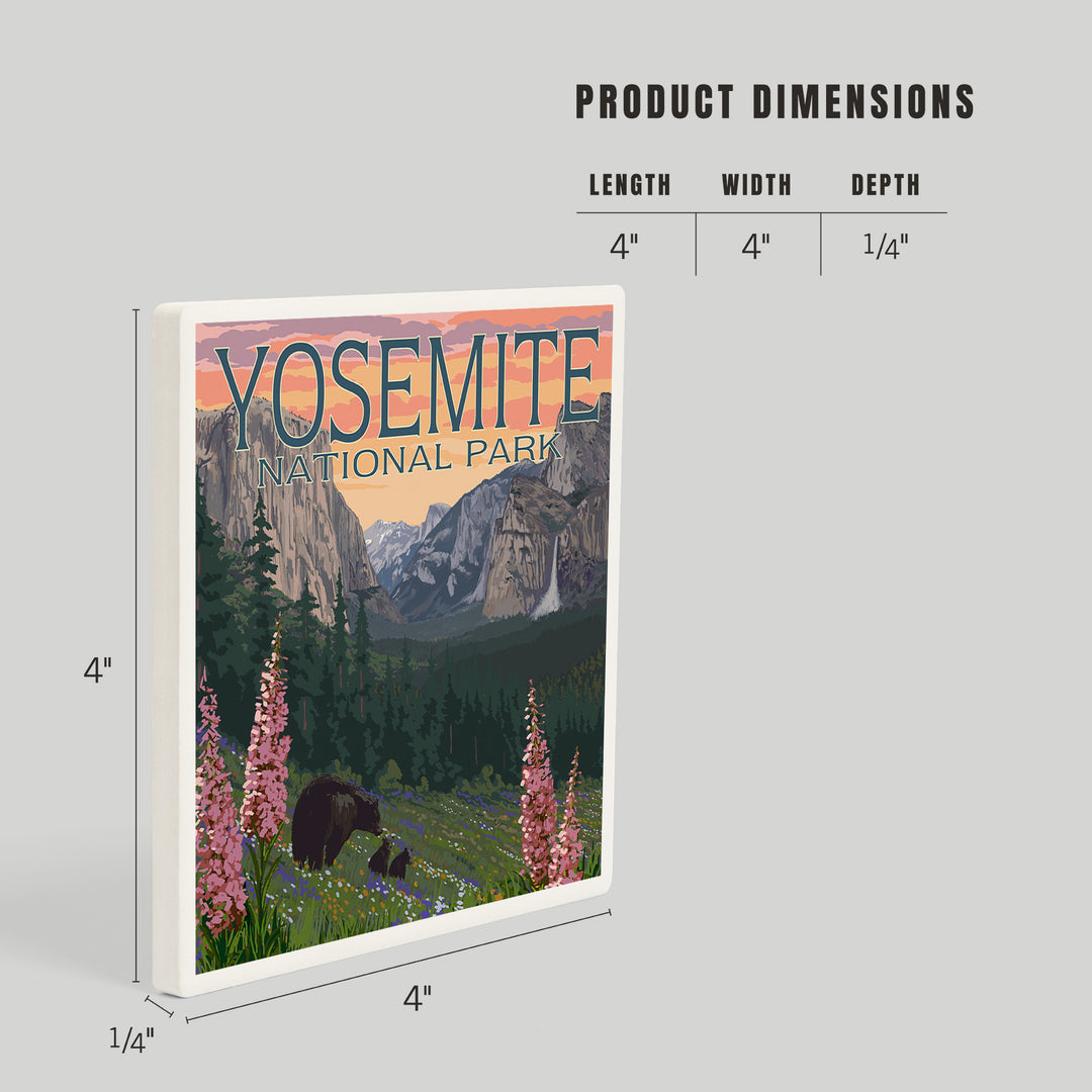 Yosemite National Park, California, Bear and Cubs with Flowers, Coasters