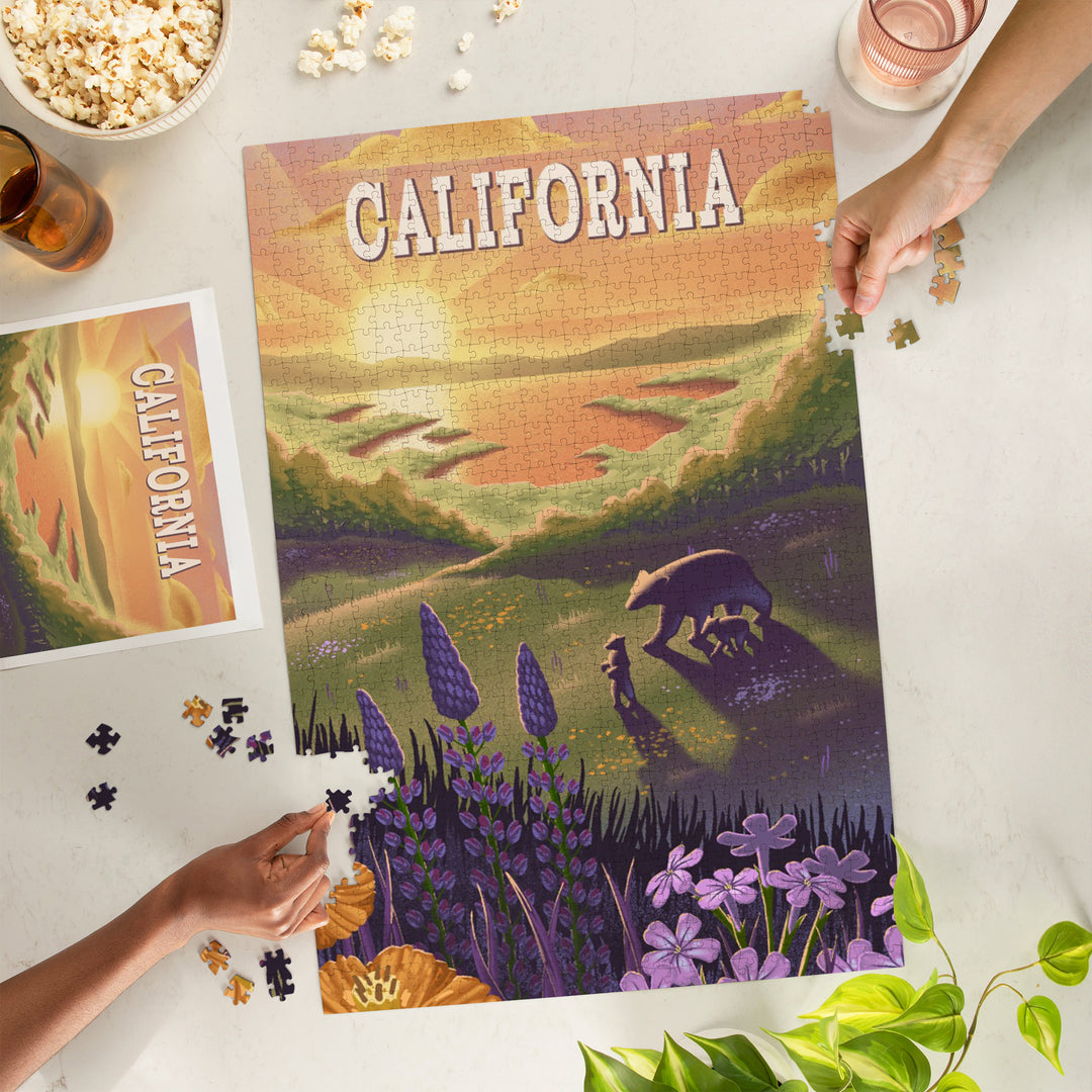 California, Bear and Spring Flowers, Lithograph, 1000 Piece Jigsaw Puzzle