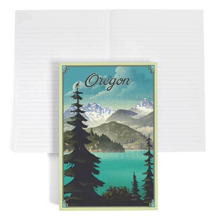 Lined 6x9 Journal, Oregon Lake and Mountains, Lithograph, Lay Flat, 193 Pages, FSC paper