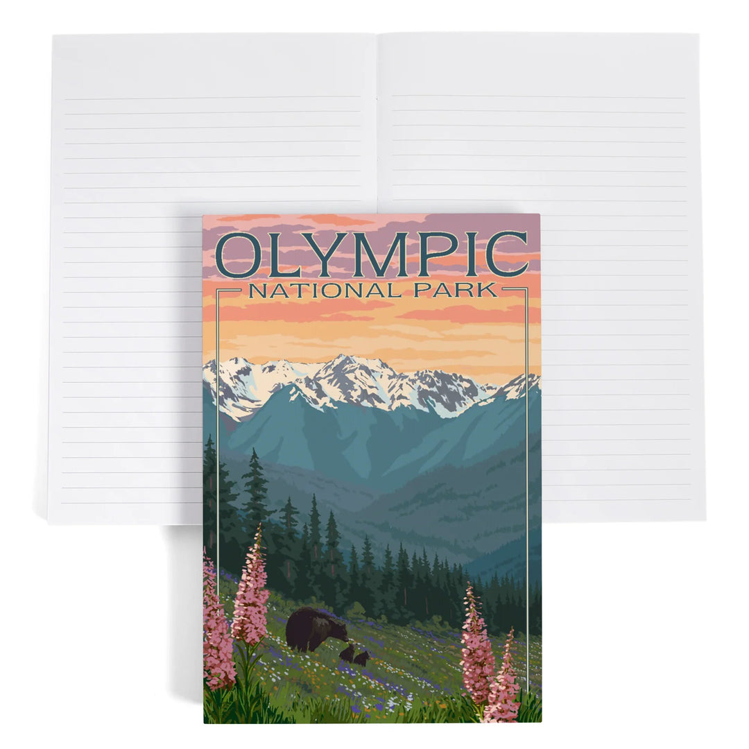 Lined 6x9 Journal, Olympic National Park, Washington, Bears and Spring Flowers, Lay Flat, 193 Pages, FSC paper