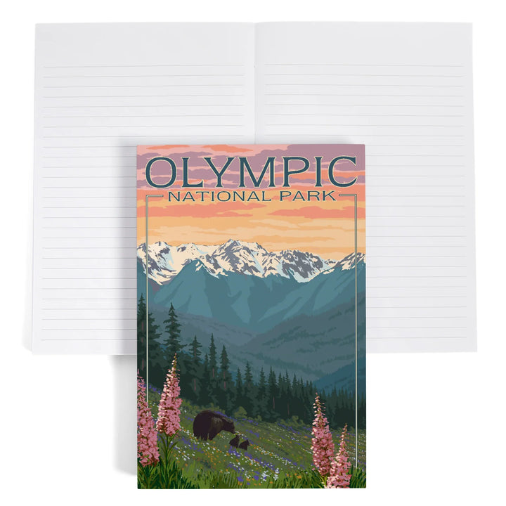 Lined 6x9 Journal, Olympic National Park, Washington, Bears and Spring Flowers, Lay Flat, 193 Pages, FSC paper