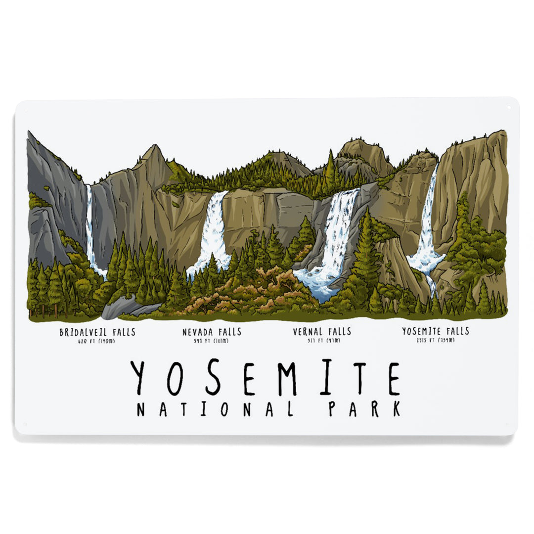 Yosemite National Park, California, Waterfall Montage, Line Drawing, Metal Signs