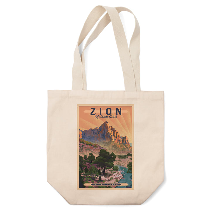 Zion National Park, Utah, The Watchman, Lithograph National Park Series, Lantern Press Artwork, Tote Bag