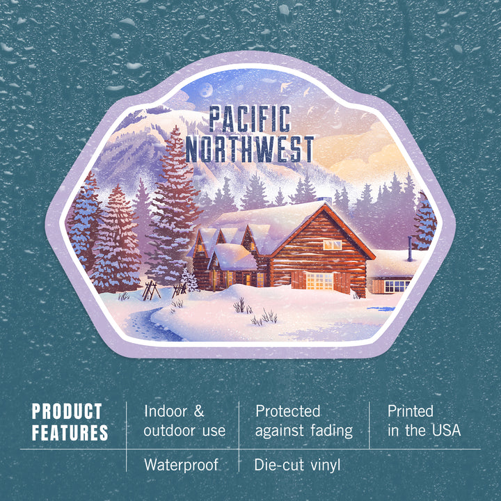 Pacific Northwest, Lithograph, Mountain Lodge, Winter Scene, Vinyl Sticker