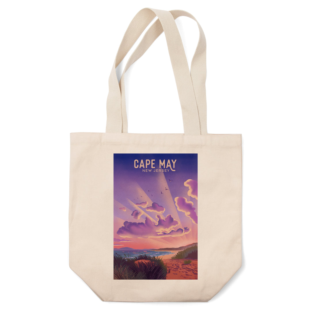 Cape May, New Jersey, Lithograph, New Shows Nightly, Beach Sunset, Tote Bag