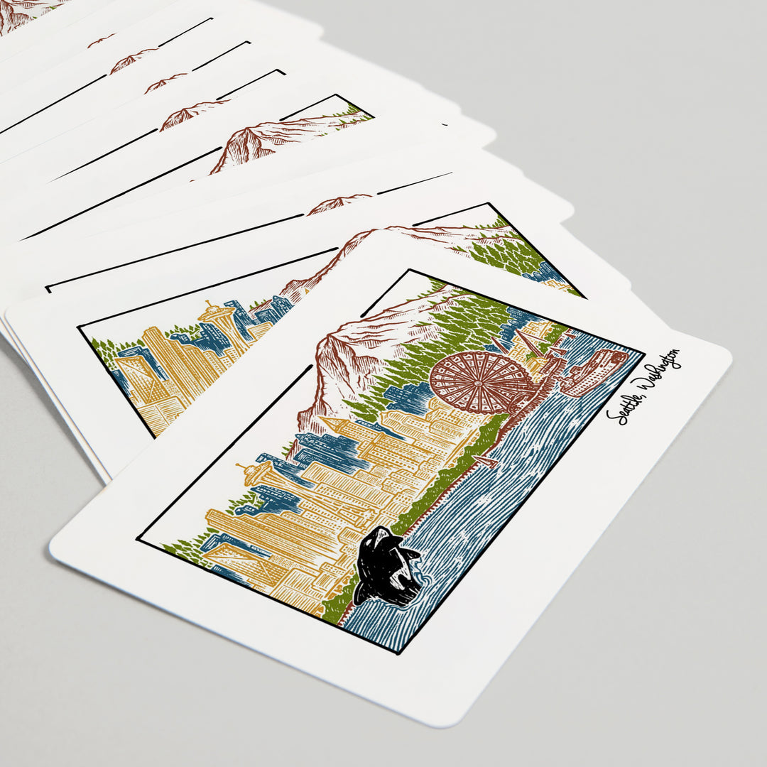 Playing Cards, Seattle, Washington, Skyline, 52 Card Deck with Jokers in Box, Unique Art