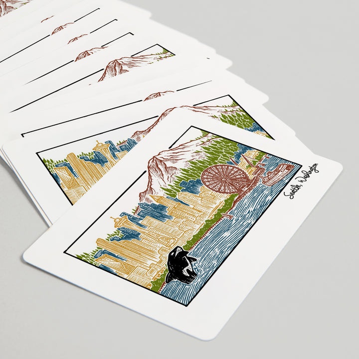 Playing Cards, Seattle, Washington, Skyline, 52 Card Deck with Jokers in Box, Unique Art