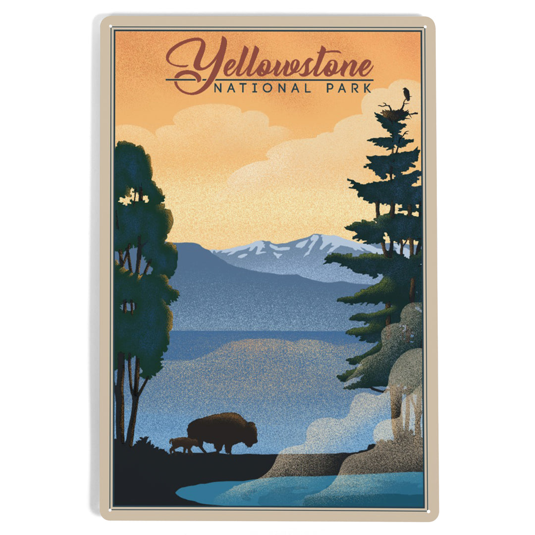 Yellowstone National Park, Bison and Lake, Lithograph National Park Series, Metal Signs