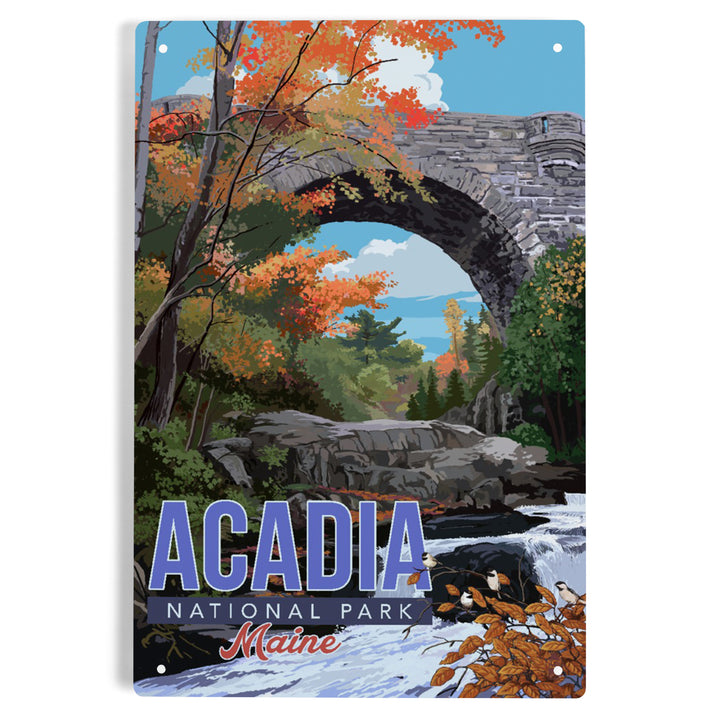 Acadia National Park, Maine, Stone Bridge Illustration, Metal Signs