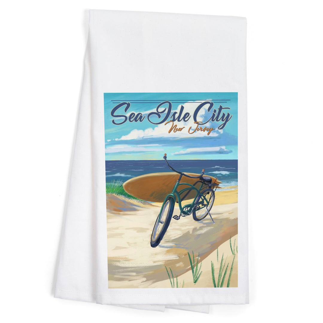 Sea Isle City, New Jersey, Beach Cruiser on Beach, Organic Cotton Kitchen Tea Towels