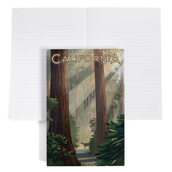Lined 6x9 Journal, California, Lithograph, Deer in Forest, Lay Flat, 193 Pages, FSC paper